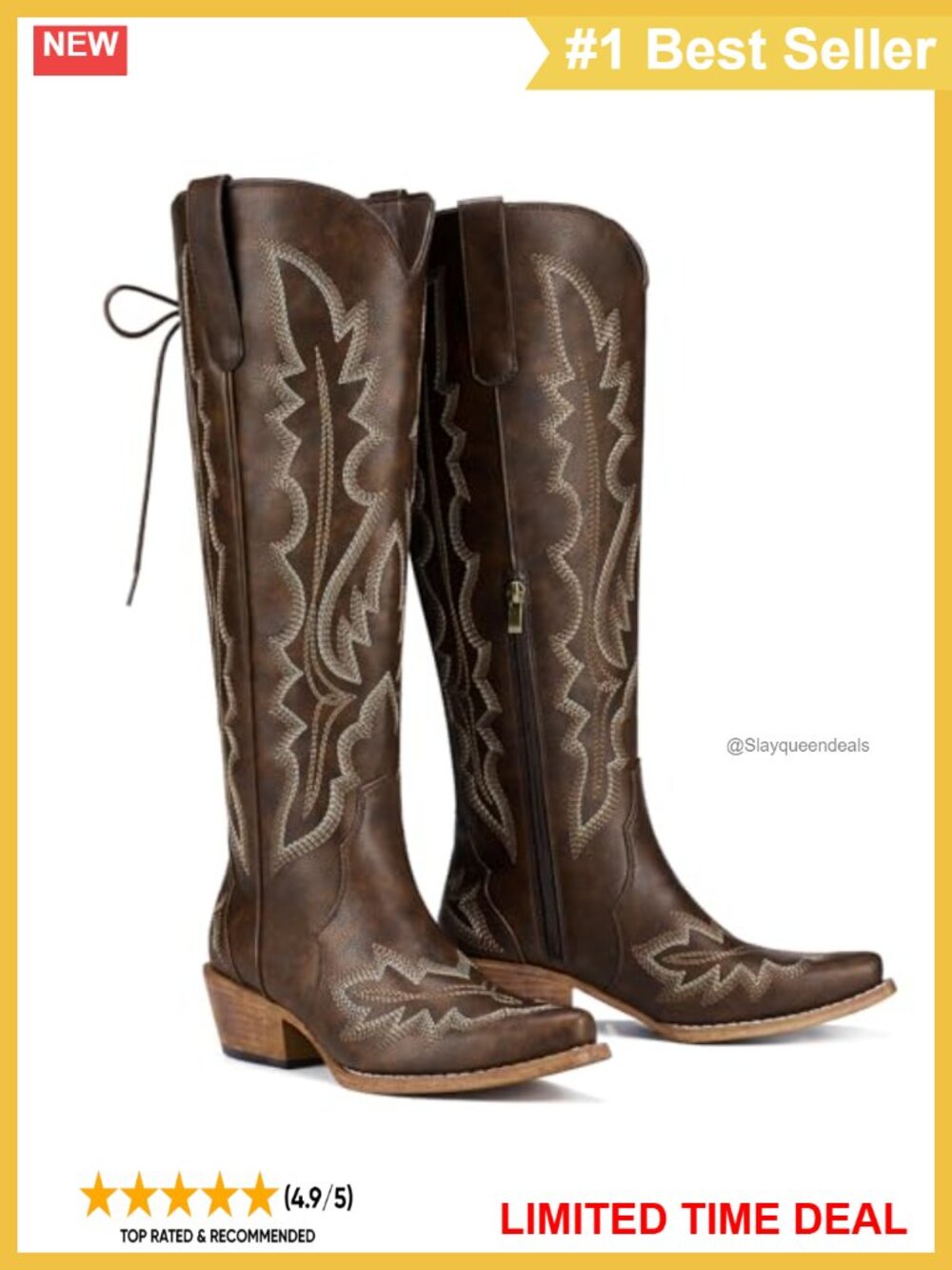 Rollda Cowboy Boots Women Wide Calf Lace Up Knee High Western Boots